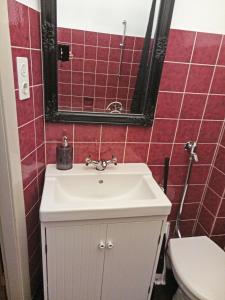 a bathroom with a white sink and red tiles at VIKARO Apartment in Monschau