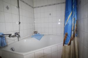 a bath tub in a bathroom with a blue shower curtain at Ferienhaus Lüthje in Hochdonn