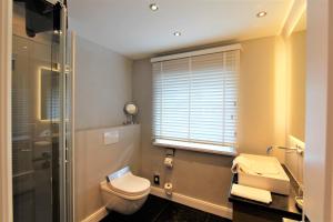 a bathroom with a toilet and a shower and a window at Ulenhüs in Wenningstedt
