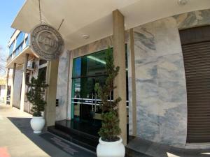 a building with two potted plants in front of it at Lodi Express Hotel in Arapongas