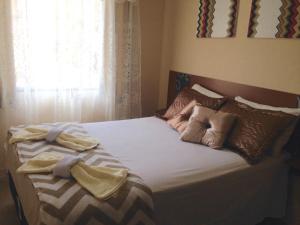 ein Bett mit zwei Kissen und einem Fenster in der Unterkunft Recanto da Dani in Penha + 17 Fotos