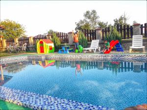 a child sitting next to a swimming pool at Casa Robi in Peştişani