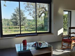 ein Wohnzimmer mit einem großen Fenster mit Aussicht in der Unterkunft Gite de Villodier in Le Vigeant