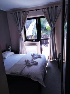 ロンデク・ズドルイにあるPensjonat Trojakのベッドルーム1室(ベッド1台、大きな窓付)
