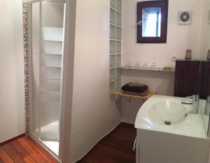 La salle de bains est pourvue d'un lavabo et d'une douche en verre. dans l'établissement Les chaumières du Chêne, à Pouillé