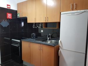 Comfort City Hub - Metro Lisbon في أمادورا: مطبخ صغير مع مغسلة وثلاجة