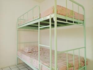 玛琅Griya Backpacker Pak yon的一间卧室配有两张双层床和粉红色床单