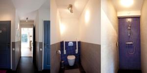 two images of a bathroom with a shower and a toilet at B&B De Sprokkeltuin in Beuningen