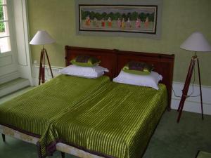 Ville-sur-JarniouxにあるLa Chipotteのベッドルーム1室(緑色のベッド1台、ランプ2つ付)