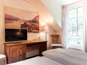 a bedroom with a tv on a wooden desk with a bed at Bio-Hotel Helvetia in Bad Schandau
