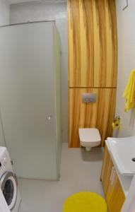 グダニスクにあるSłoneczny Brzegのバスルーム(トイレ付)、木製のドアが備わります。