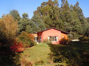 a house in the middle of a field with trees at Whispering Spirit Holiday Cottages & Mini Ponies in Franklin