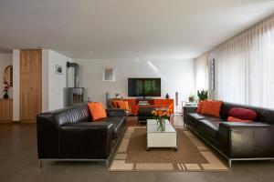 uma sala de estar com dois sofás de couro e uma televisão em Haus Bor em Zermatt