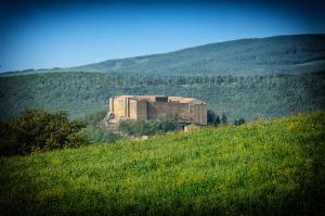 an old building on the side of a green hill at B&B Le Gemme in Castel Lagopesole