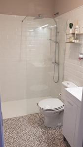 un bagno con wc e doccia in vetro di La Casina del Cerecedo a León Altre 20 foto