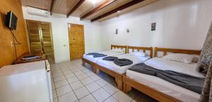 two twin beds in a room with a tv at Mapi's Cabins in Paquera +68 photos