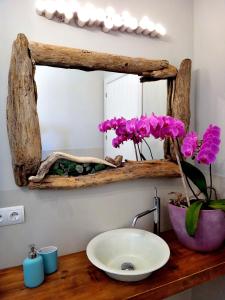 a bathroom sink with a mirror and flowers on a counter at cansantidesmonestir in La Mola