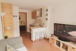 a living room with a couch and a tv and a kitchen at Estancia de Invitados de Casa Tais in Málaga