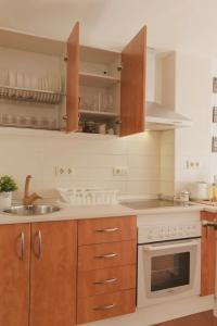 a kitchen with wooden cabinets and a sink and a stove at Estancia de Invitados de Casa Tais in Málaga