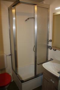 ein Badezimmer mit Dusche, Toilette und Waschbecken in der Unterkunft Ferienwohnung Nagelfluh Allgäu in Oberreute