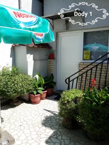 a patio with plants and an umbrella in front of a door at Dody Apartmani in Leskovac