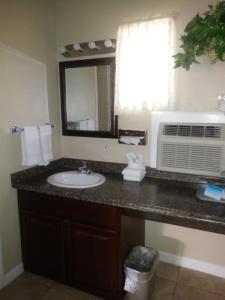 baño con lavabo, espejo y ventana en Eagle Motel, en Manitou Springs