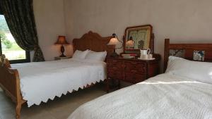 sypialnia z 2 łóżkami i lustrem w obiekcie Moshang Caoxun w mieście Changbin