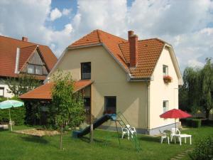 a house with a slide in front of a house at Balatoni Nyár Vendégház in Balatonendréd