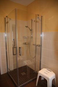 een douche met een glazen deur en een kruk in de badkamer bij Ferienwohnung Bornemann in Goslar +8 foto's