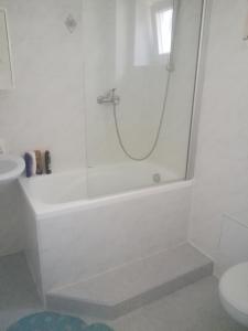 a white bathroom with a shower and a toilet at Moderne Wohnung in Elz in Elz