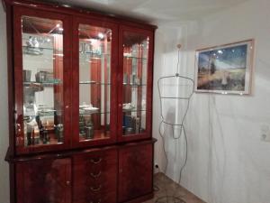 a wooden cabinet with glass doors in a room at live in the mkk in Hasselroth