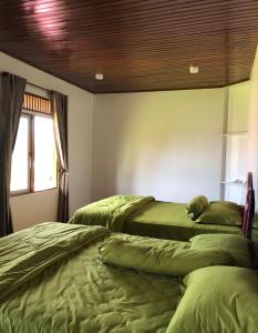 two beds in a room with green comforters at A beautiful and Spacious Rumah Manado 2 Bedrooms with Bathrooms Villa Marion Tomohon in Tomohon
