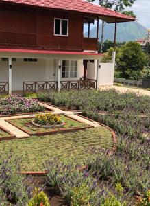 a garden in front of a house with flowers at A beautiful and Spacious Rumah Manado 2 Bedrooms with Bathrooms Villa Marion Tomohon in Tomohon