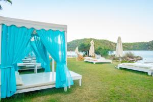 a group of beds sitting on the grass near the water at S3 Seahorse Beach Club in Oludeniz