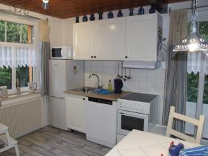 eine Küche mit weißen Schränken, einer Spüle und einem Herd in der Unterkunft Schluchthäusl in Lunzenau