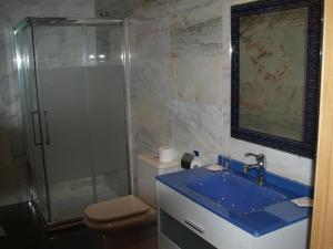 a bathroom with a shower and a blue sink at Domus Viatoris in Sahagún