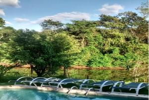 a swimming pool with chairs and trees in the background at Pousada Magia Verde in Paraty