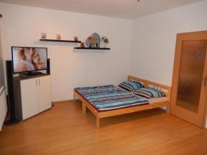 um quarto com uma cama e uma televisão num quarto em PENZION MANĚTÍN u Sv. Barbory em Manětín