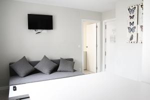 Apartamentos Logroño Centro في لوغرونيو: غرفة معيشة مع أريكة وتلفزيون على الحائط