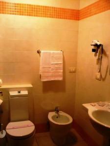 a bathroom with a toilet and a sink with towels at Hotel Florida Tirrenia in Tirrenia