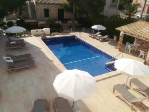 an overhead view of a swimming pool with umbrellas at Apartamentos Villa Primera in Cala Figuera