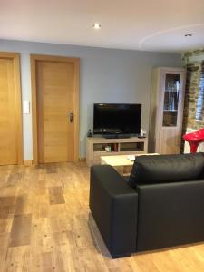 Una sala de estar con un sofá y un televisor de pantalla plana. en Narcea Turismo Real, en Cangas del Narcea