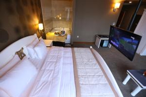 a hotel room with a large bed and a tv at Sputnik Hotel Batumi in Batumi