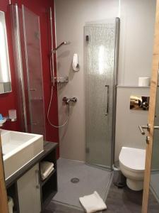 a bathroom with a shower and a toilet and a sink at Berghotel Lämmerhof in Sankt Martin am Tennengebirge