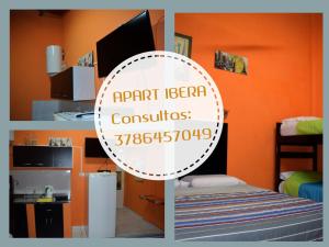 a collage of pictures of a room with an orange wall at Apart Iberá in Ituzaingó