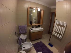 bagno con lavandino, servizi igienici e specchio di Sea & City a Leça da Palmeira