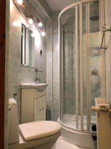 a bathroom with a shower, toilet, sink and tub at Dworek Cieszyński in Cieszyn