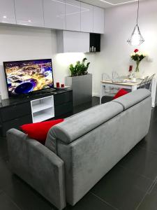 a living room with a couch and a tv at Luxury Apartment - 3 lakes in Katowice