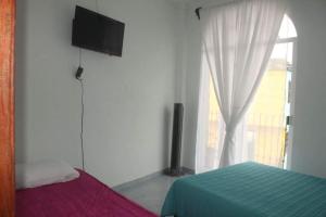 a bedroom with a bed and a tv and a window at Bungalows de KQ in Xilitla