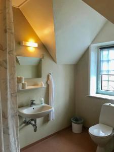 La salle de bains est pourvue d'un lavabo et de toilettes. dans l'établissement Abild Kro & Hotel, à Tønder